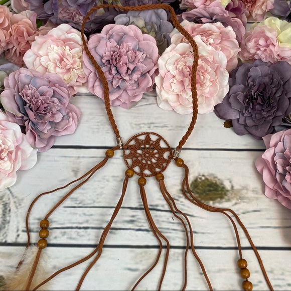 Boho Peacock/Brown Feather Dreamcatcher Headdress - Picture 11 of 14